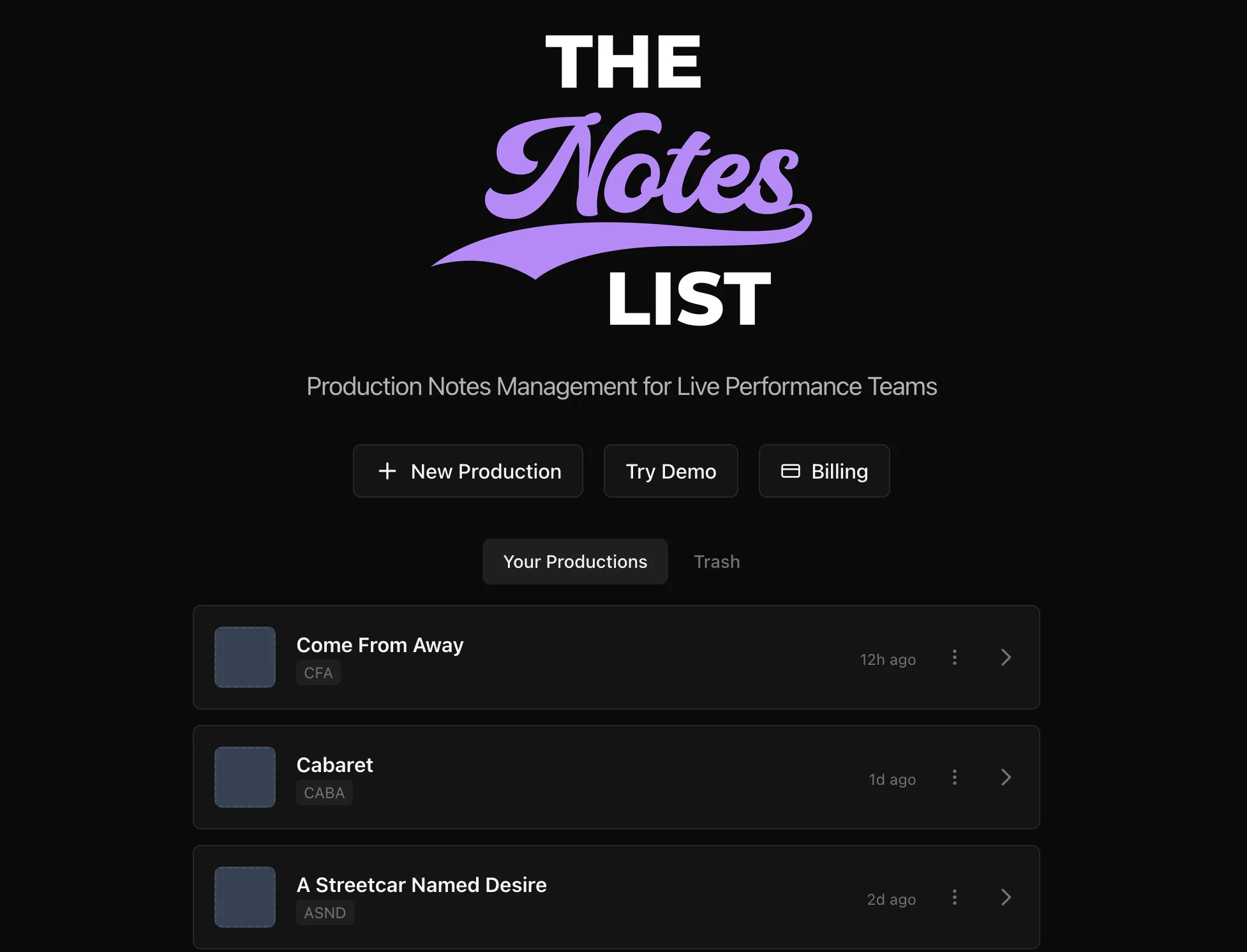 A screenshot of The Notes List homepage.