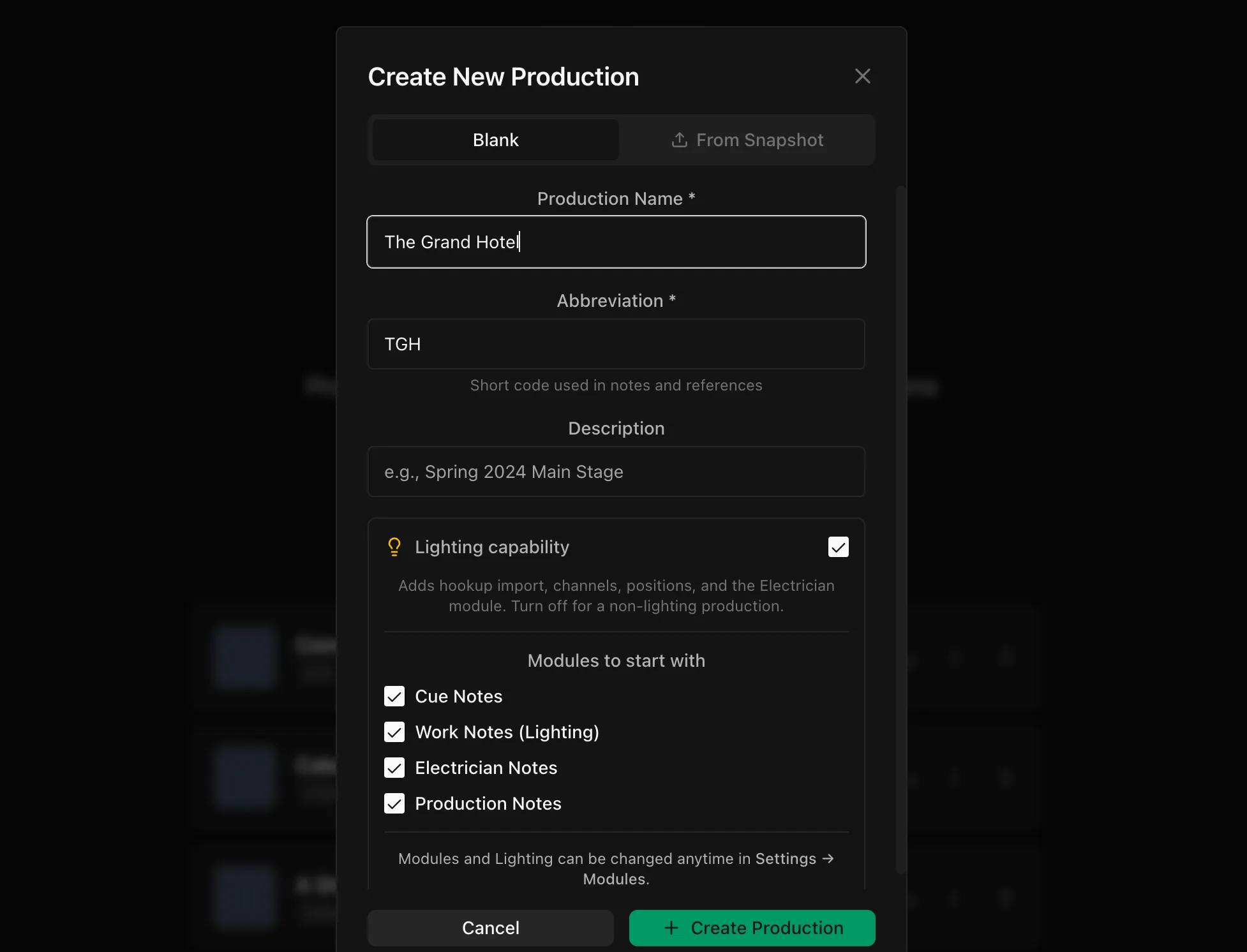 Screenshot of the production creation page. Tabs include; Production Name, Abbreviation, A check box for lighting capability, and note modules to include as a starting point.
