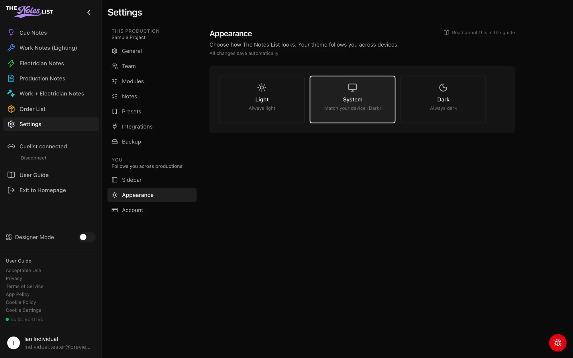 Settings → Appearance with Light, System and Dark options