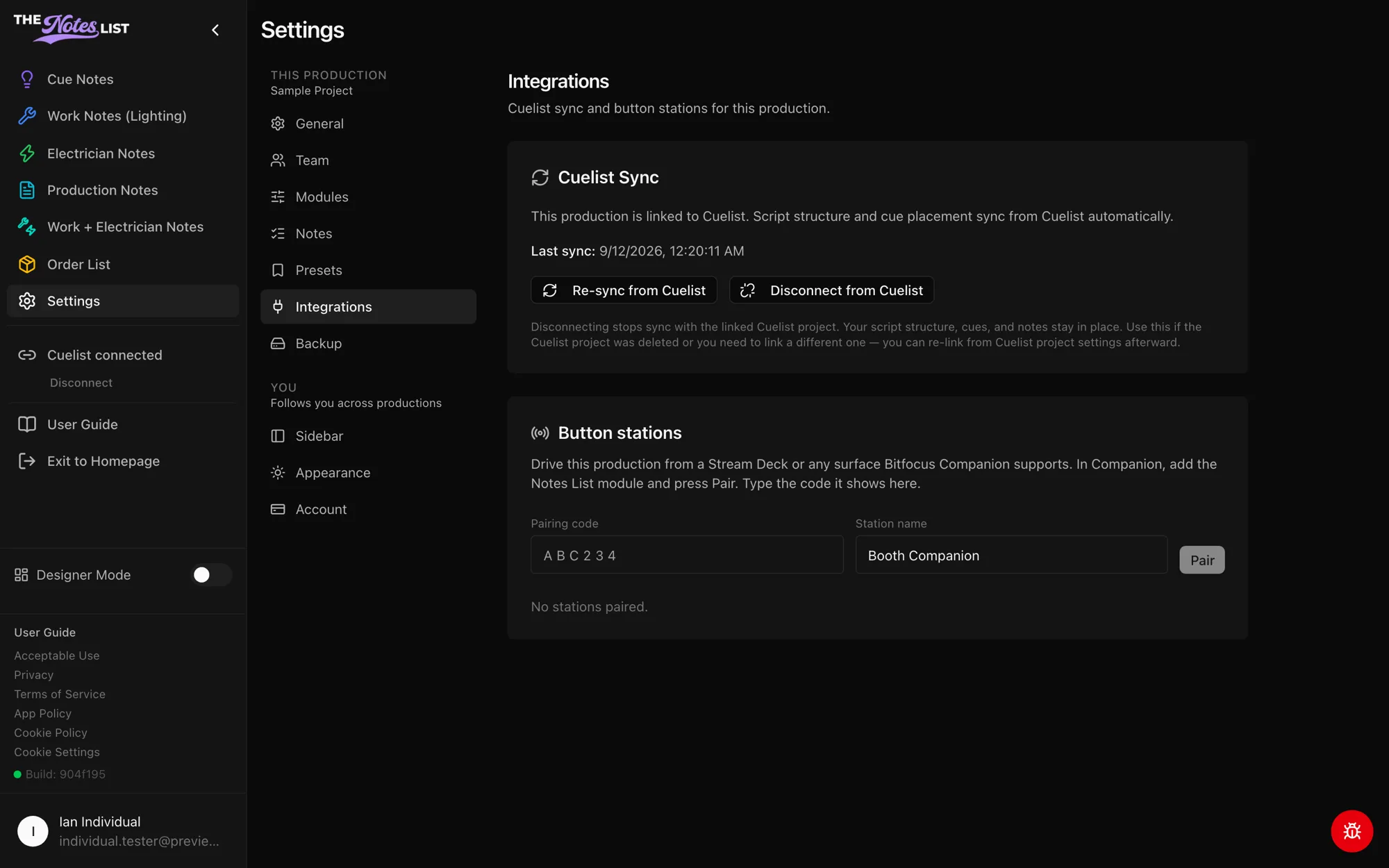 Settings → Integrations with Cuelist Sync and Button stations