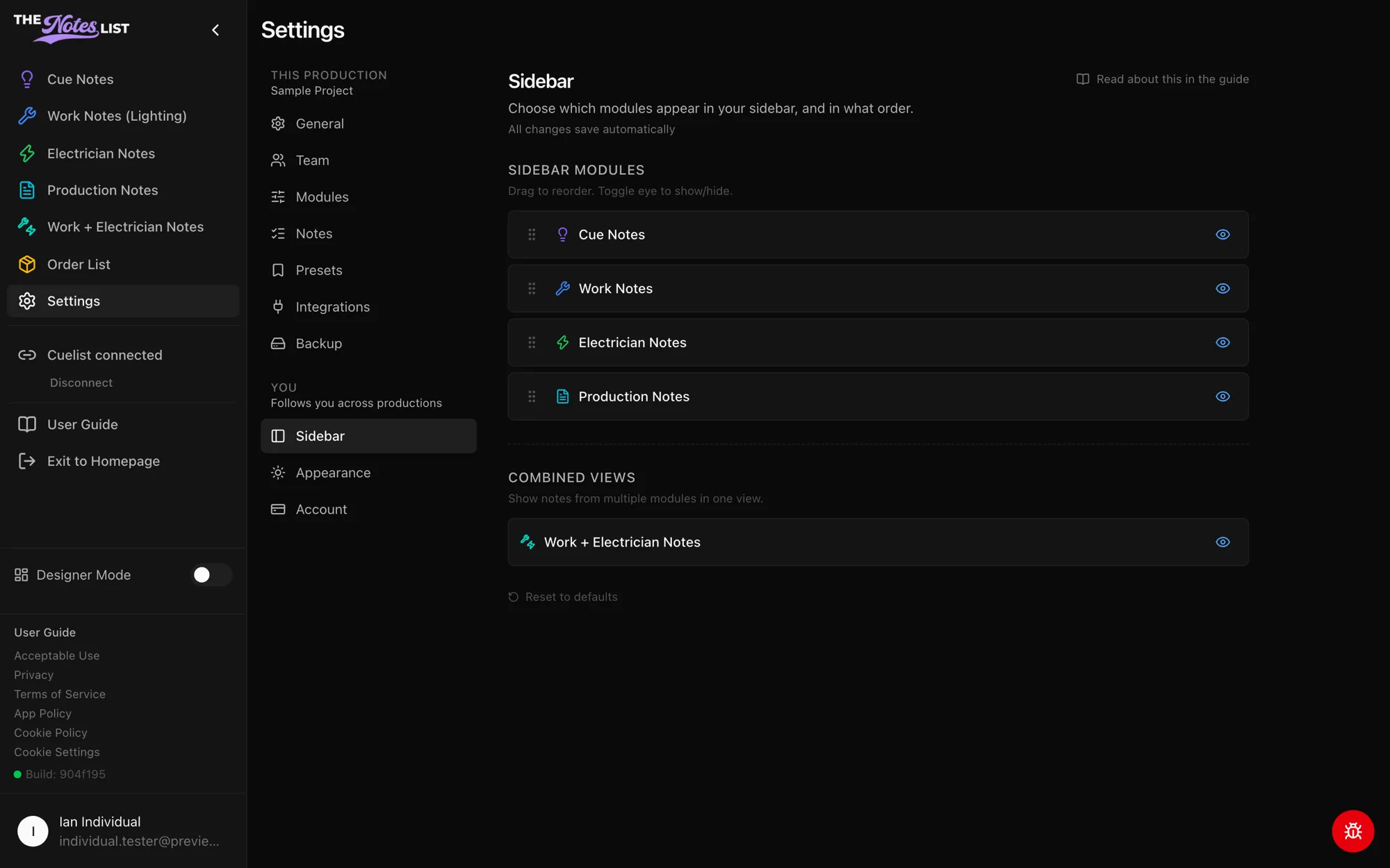 Settings → Sidebar with module order and Combined Views